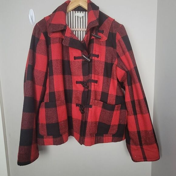 GARNET HILL wool JACKET buffalo check plaid Lined Red Black Toggle buttons 16 - Picture 1 of 4